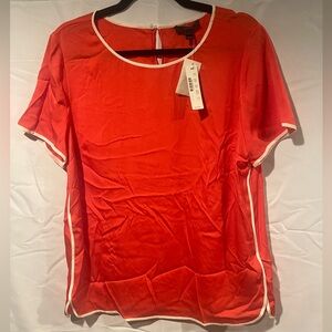 J. Crew Coral Red Short-Sleeve Silk and Spandex Blouse with White Piping